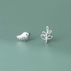 Bird Leaf Asymmetrical Sterling Silver Earring 1 Pair - Silver - One Size