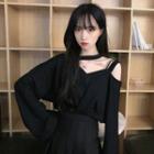 Asymmetric Off-shoulder Bell-sleeve T-shirt