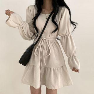 Long-sleeve Tie-waist Tiered Mini A-line Dress