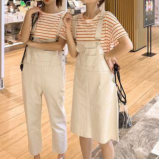 Striped Short-sleeve T-shirt / Pocket Detail Jumper Dress / Pocket Detail Cropped Jumper Pants