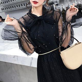 Tie-neck Mesh Blouse With Camisole