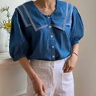Sailor-collar Puff-sleeve Denim Blouse Blue - One Size