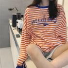 Long-sleeve Striped Lettering T-shirt Stripes - Orange & White - One Size