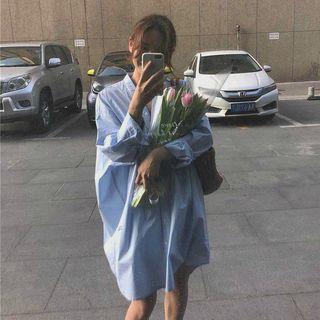Plain Long-sleeve Loose-fit Shirtdress Blue - One Size