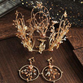Wedding Set: Embellished Tiara + Hoop Dangle Earring Crown & 1 Pair - Clip On Earring - One Size
