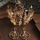 Wedding Set: Embellished Tiara + Hoop Dangle Earring Crown & 1 Pair - Clip On Earring - One Size