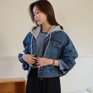 Contrast-hooded Denim Jacket Blue - One Size