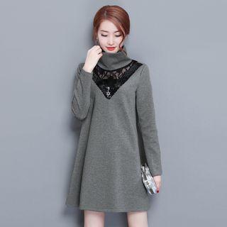 Fleece-lined Turtleneck Lace Panel Long-sleeve Top