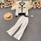Set Of 2 : Round-neck Color Block Cardigan + High-waist Wide-leg Pants White - One Size