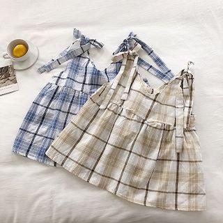 Plaid V-neck Lace-up Sleeveless Top