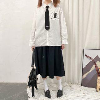 Long-sleeve Embroidered Shirt / Tie / Midi A-line Skirt / Set