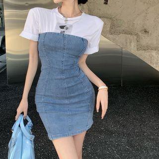 Mock Two-piece Denim Mini Bodycon Dress