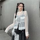Long-sleeve Collarless Knotted Button See-through Shirt
