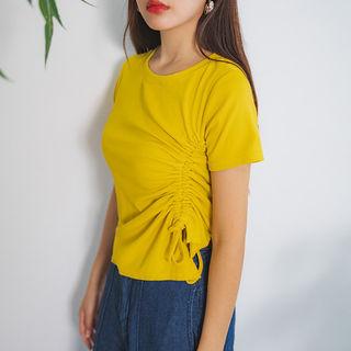 Round-neck Shirred-side T-shirt