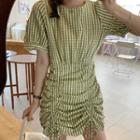 Short-sleeve Drawstring Plaid Mini A-line Dress Plaid - Green - One Size