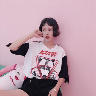 Elbow-sleeve Lettering Strap Printed T-shirt