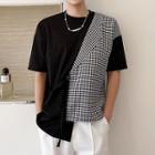 Mock Two-piece Short-sleeve Houndstooth Panel T-shirt