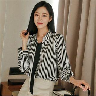 Tie-neck Tab-sleeve Stripe Blouse