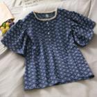 Lace-neckline Button-up Printed T-shirt Blue - One Size