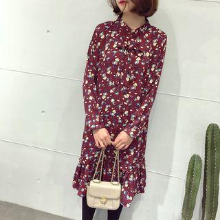 Floral Print Long-sleeve Stand-collar Chiffon Dress