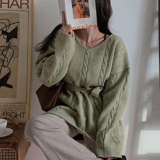 V-neck Cable-knit Top With Sash