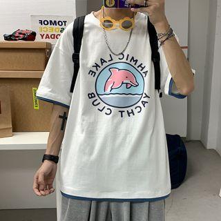 Couple Matching Mock Two Piece Dolphin Printed Short-sleeve T-shirt