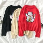 Lucky Cat Embroidered Sweater