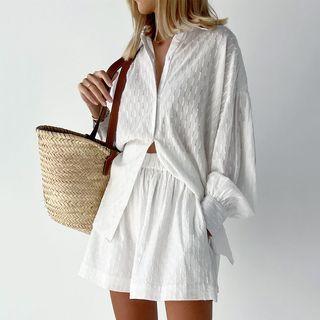 Set: Long Puff Sleeve Textured Shirt + Wide-leg Shorts