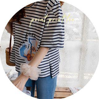 Puff-sleeve Stripe T-shirt Stripe - Navy Blue - One Size