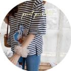 Puff-sleeve Stripe T-shirt Stripe - Navy Blue - One Size