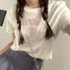 Short-sleeve Mock Two-piece Embroidered Crop Top