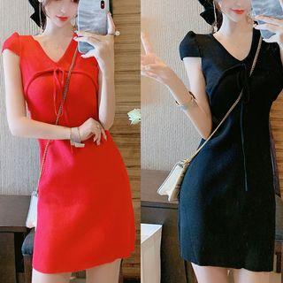 V-neck Cap-sleeve Mini Knit Dress