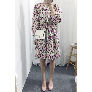 Elastic-waist Floral-patten Dress