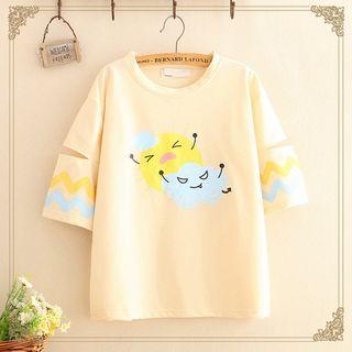 Elbow-sleeve Cutout Cartoon Print T-shirt