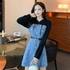 Long-sleeve Hooded Denim Panel Mini A-line Dress