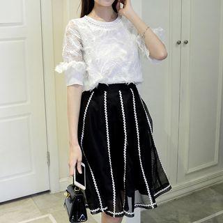 Set: Feather Applique Short Sleeve Top + Contrast Trim A-line Skirt