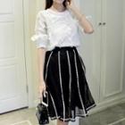 Set: Feather Applique Short Sleeve Top + Contrast Trim A-line Skirt