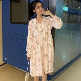 Long-sleeve Floral Print Midi A-line Shirt Dress As Shown In Figure - One Size