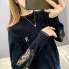 Lace Panel Letter Embroidered Pullover Black - One Size
