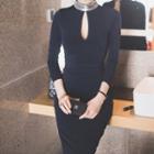 Long-sleeve Embellished-neck Cutout Sheath Dress