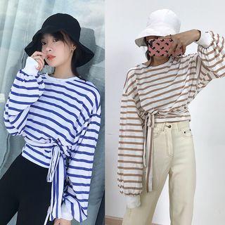 Striped Long-sleeve Tie-waist T-shirt
