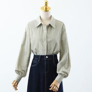 Striped Button-up Oversize Shirt / High-waist Plain A-line Skirt
