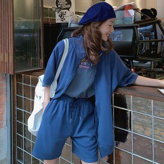 Set: Short-sleeve Letter Embroidered Zip Jacket + Shorts