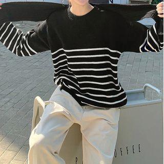 Striped Sweater With Knit Shawl