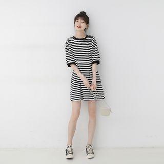 Elbow-sleeve Striped Mini A-line Dress Stripes - Black & White - One Size