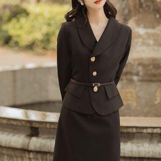 Set: Single-breasted Blazer + Midi Pencil Skirt + Belt