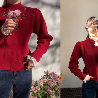 Mock-neck Peplum Rib-knit Top