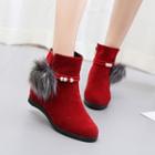 Hidden-wedge Pompom Ankle Boots