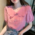 Puff-sleeve Peter Pan-collar Plain Chiffon Blouse
