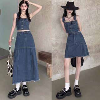 Denim Cropped Top / High-waist Denim Skirt